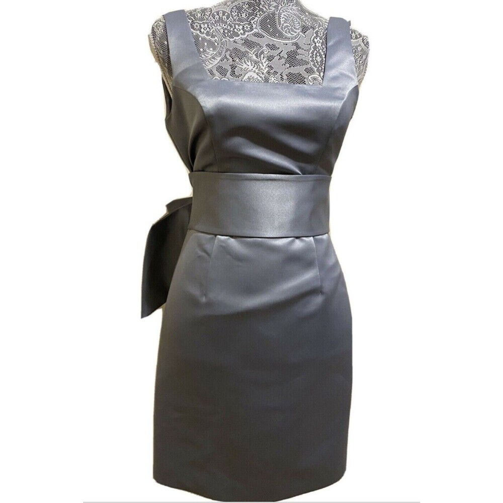 Allen Schwartz Prom Wedding Dress Short Prive Silver Gray Satin Bow Party Sz 2